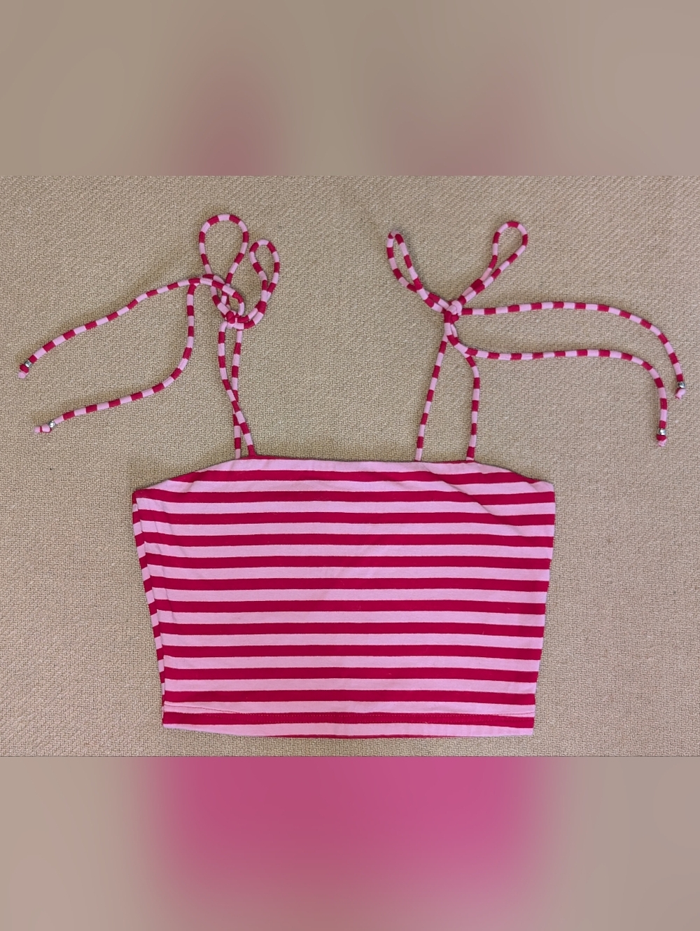 Allegra K Pink Red Stripes Tie Strap Cropped Tank Top